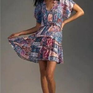Anthropologie Robin Tiered Mini Dress Floral patchwork Dress 2x mauve